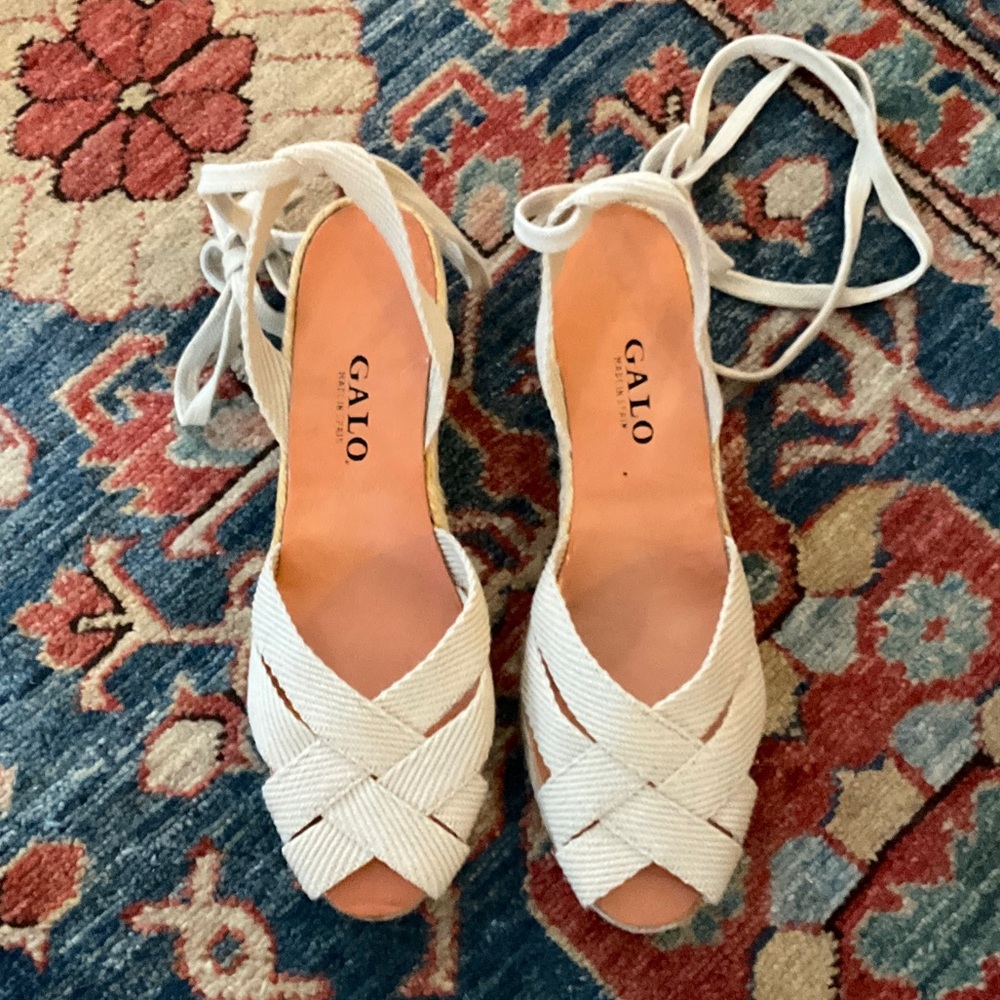 GALO Tan Cotton & Leather Espadrille Wrap Wedge Sandals